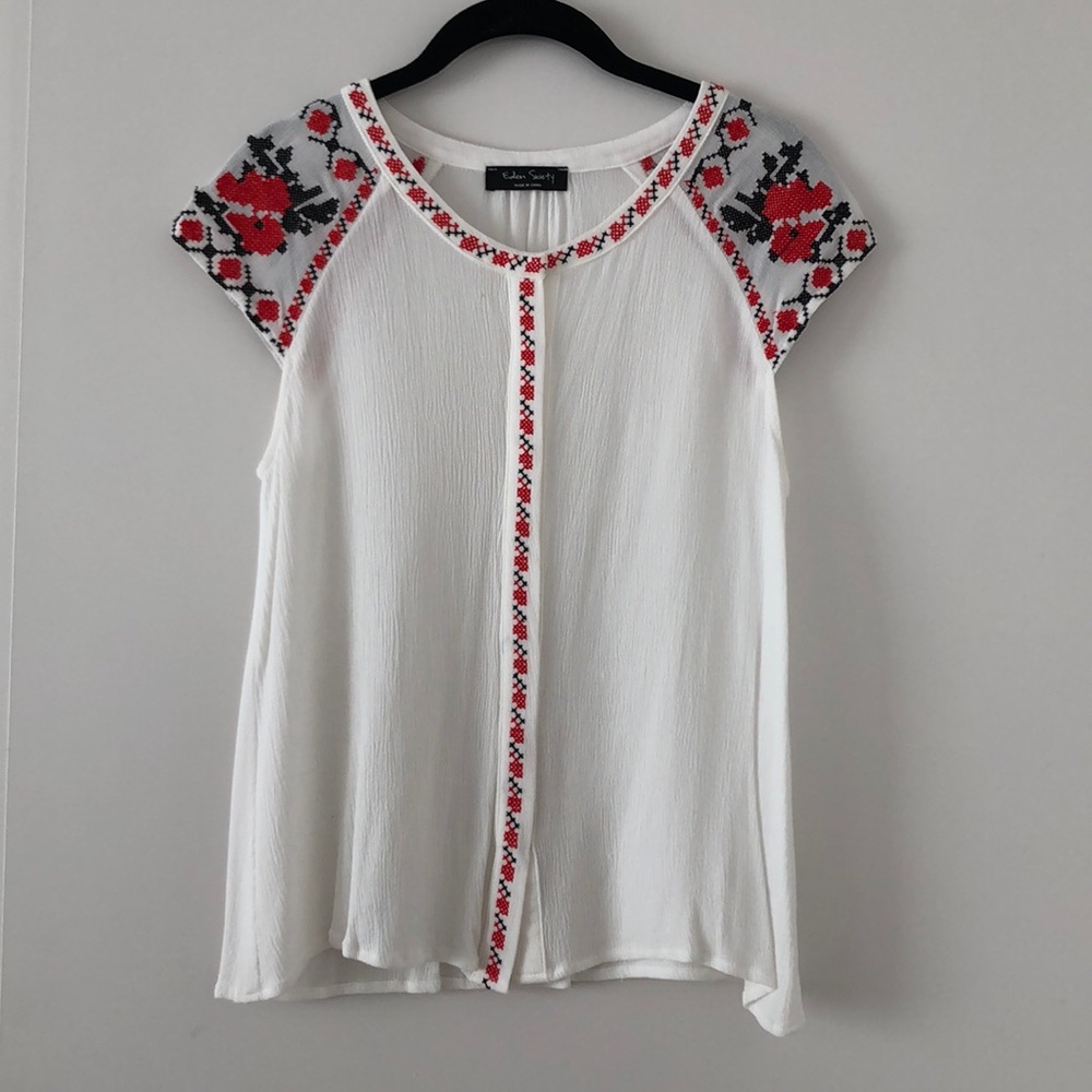 White Embroidered Top with Red Accents